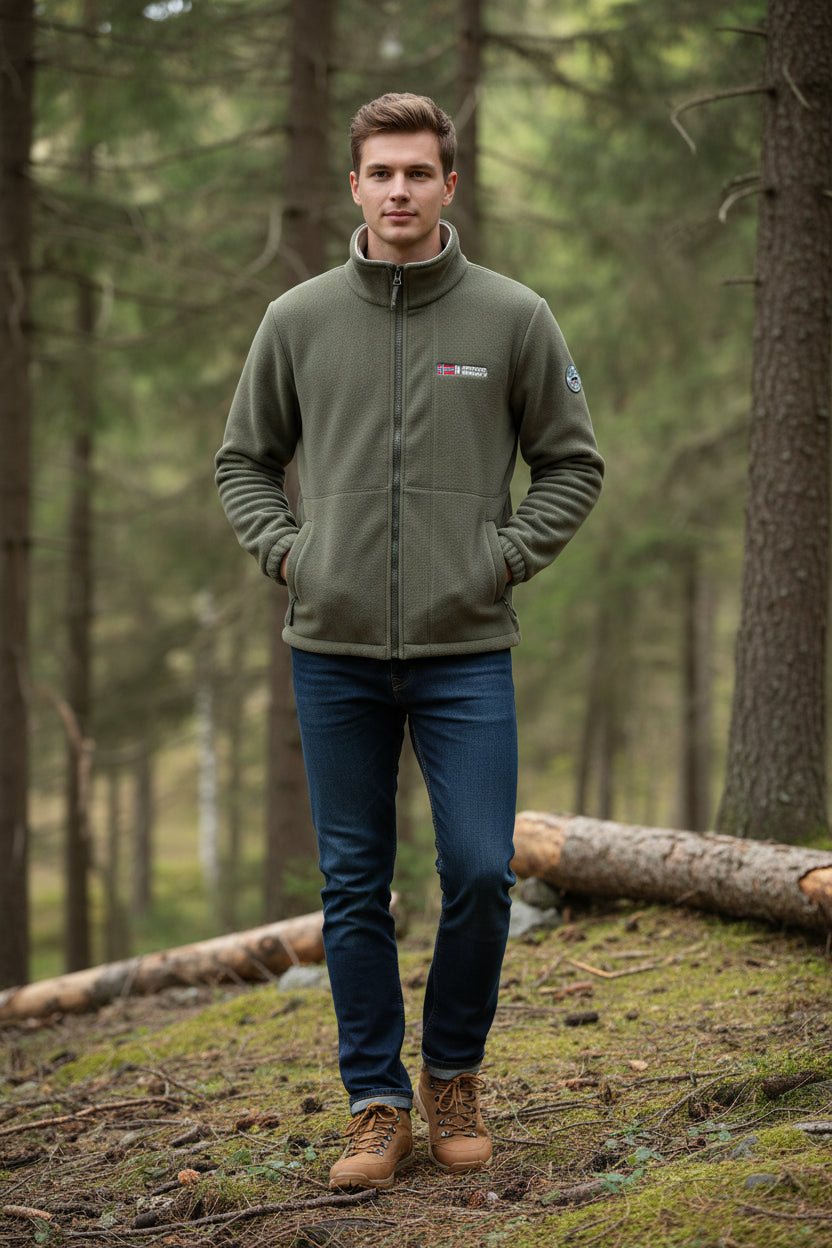 Gray fleece jacket with brand logos on a white background