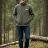 Gray fleece jacket with brand logos on a white background