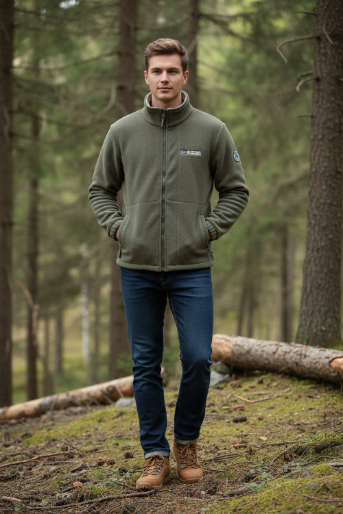 Gray fleece jacket with brand logos on a white background