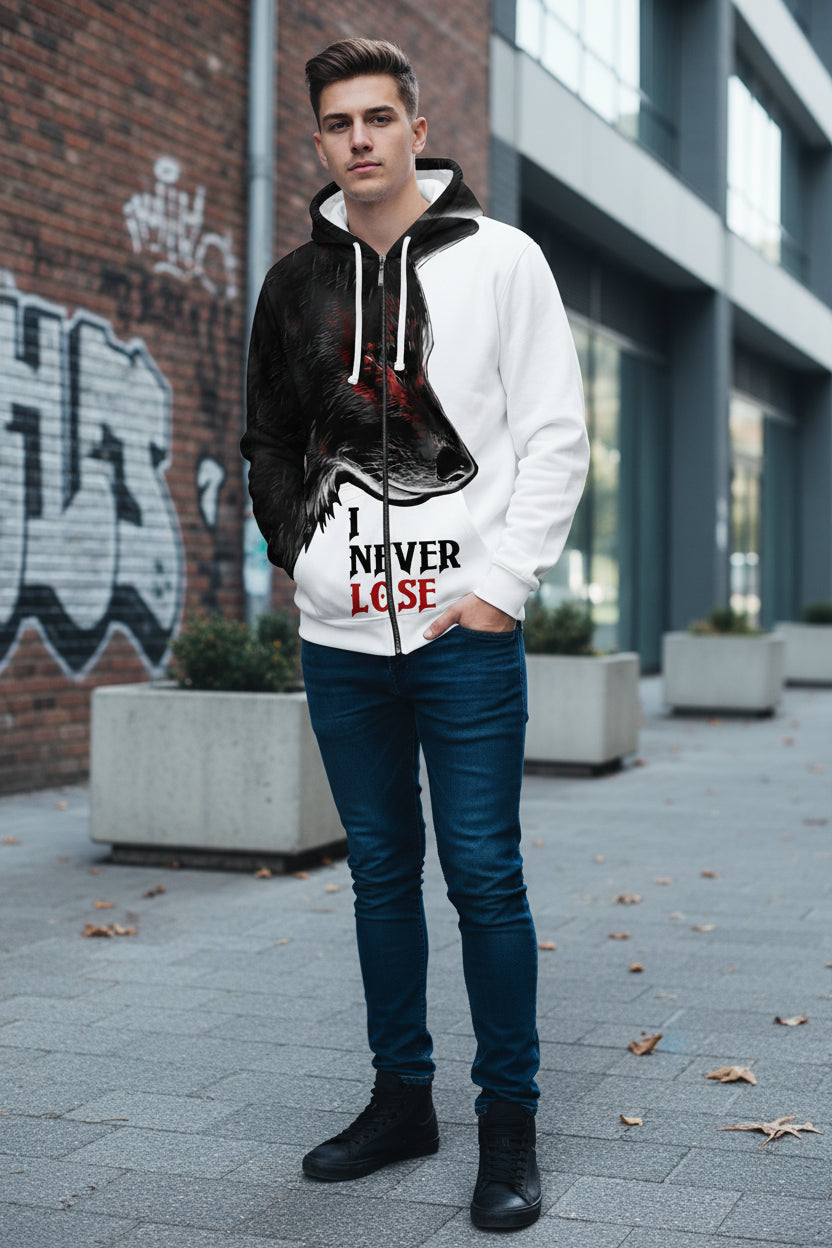 Hoodie with wolf design and 'I Never Lose' text on a white background