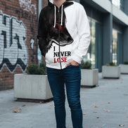 Hoodie with wolf design and 'I Never Lose' text on a white background