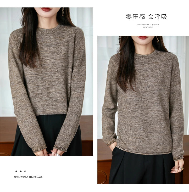 100% pure cotton women's knitted sweater casual round neck pullover for autumn and winter new women's top loose and hot selling