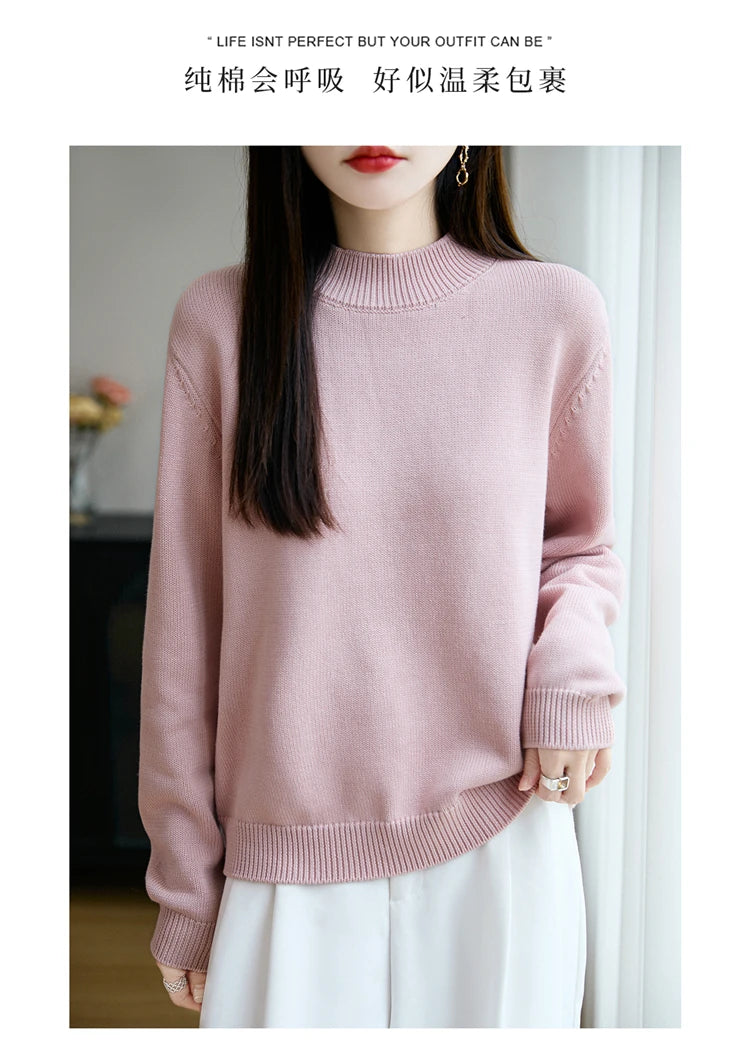 100% Pure Cotton Women's Knitted Sweater Solid Color Round Neck Pullover Loose Cotton Sweater Autumn and Winter New Women's Top
