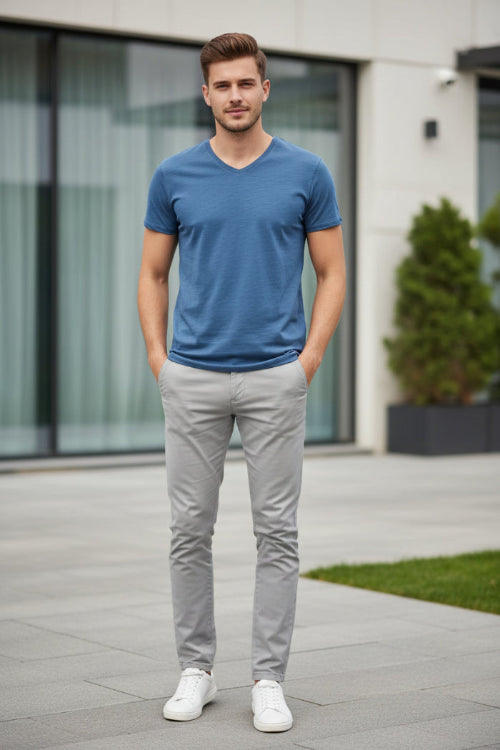 Blue V-neck t-shirt on a white background