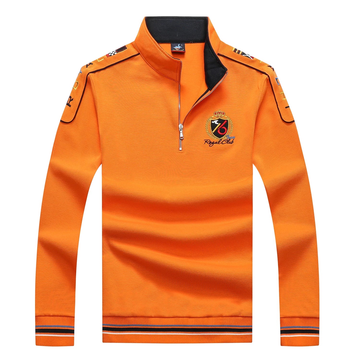 Orange long-sleeve shirt with black accents and a logo on a white background