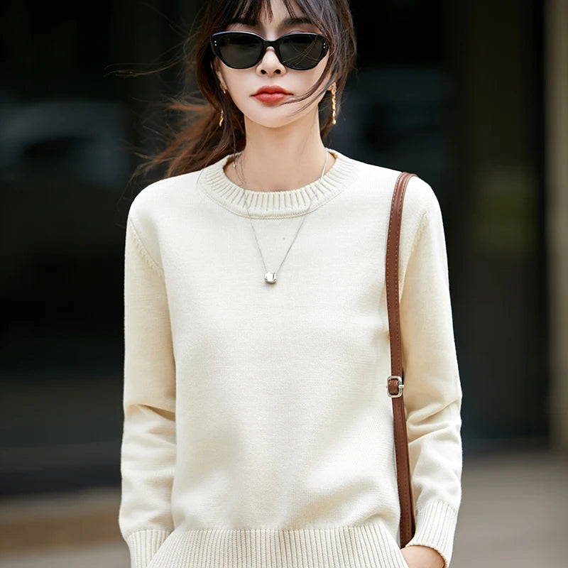 Women's autumn and winter 100% pure cotton knitted round neck soft pullover casual solid color warm sweater fashionable hot sell