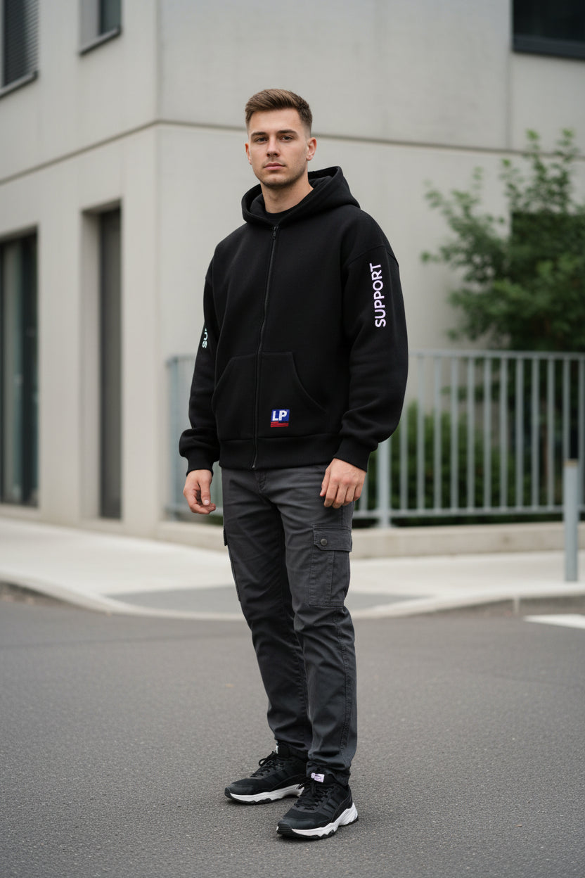 A black zip-up hoodie with a high hood, front pockets, and white sleeve graphics. The left chest features a small LP logo with red and blue stripes, and the right sleeve displays the word 'SUPPORT' vertically in white.