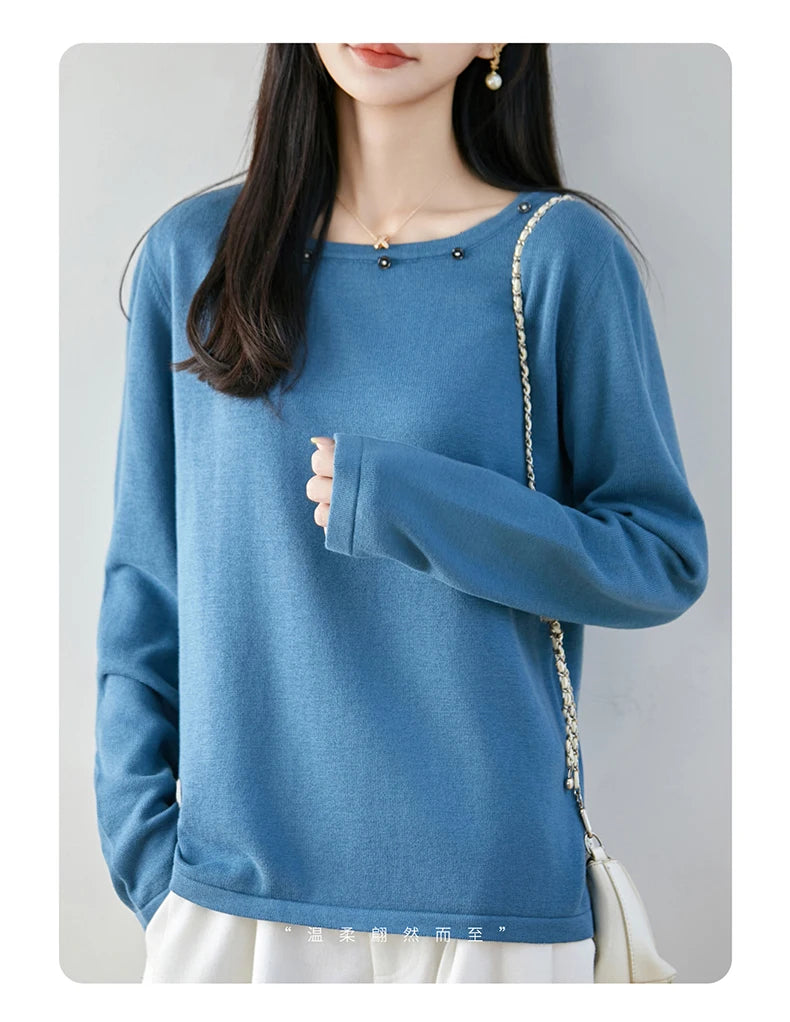 High end fashion 100% pure cotton women's sweater casual knitted round neck pullover autumn and winter solid color women's top