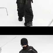 Four-photo collage of a model wearing washed black baggy cargo jeans with multiple pockets, styled with a black-and-white top and a black padded jacket.