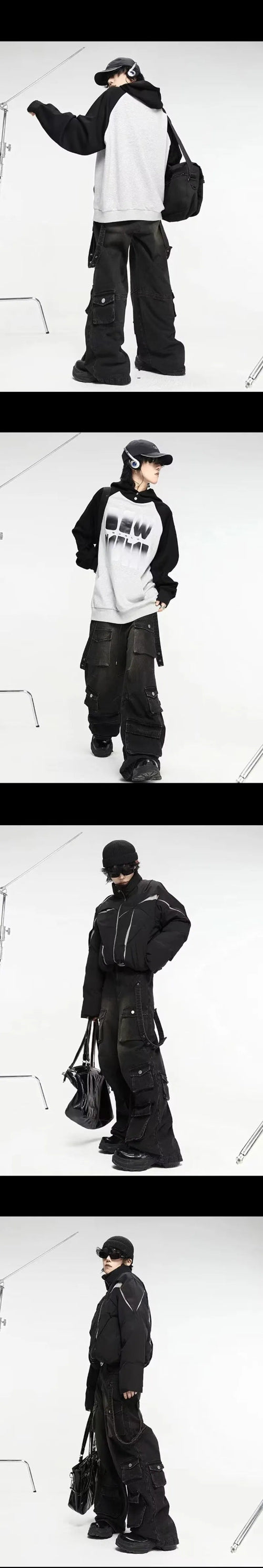 Four-photo collage of a model wearing washed black baggy cargo jeans with multiple pockets, styled with a black-and-white top and a black padded jacket.