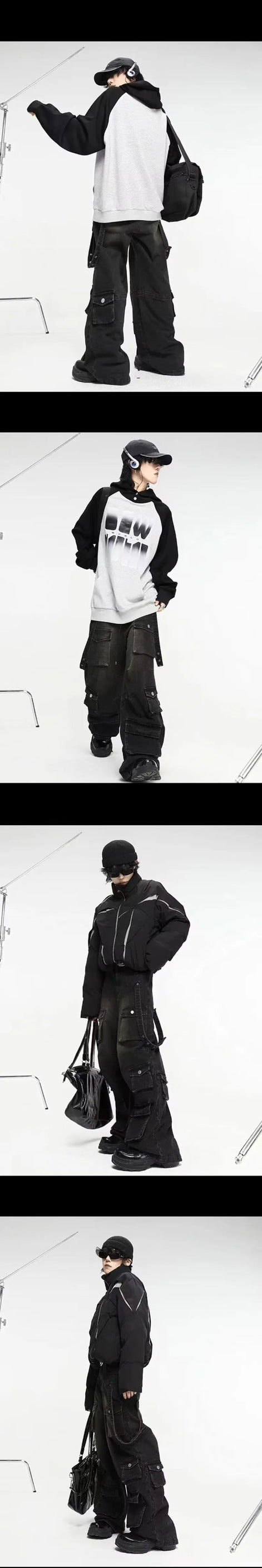 Four-photo collage of a model wearing washed black baggy cargo jeans with multiple pockets, styled with a black-and-white top and a black padded jacket.