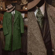Two images of men's vintage-style clothing including green overcoats and hats.