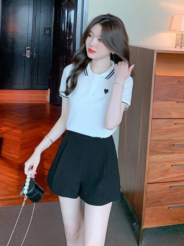 Polo Neck Shirt for Women100℅ Cotton  Woman T Embroidery Button Graphic Slim Korean Clothing Trend 2025 Youthful Elegant Style