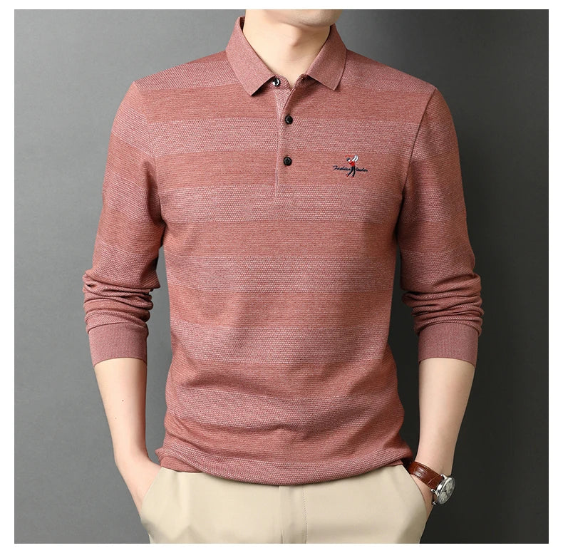 2025 High End New Fashion Brand Striped Designer Embroidery Casual Turn Down Collar Long Sleeve Polo Shirts Men Tops Men Clothes
