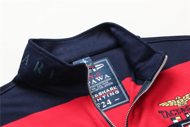 TACE&SHARK Brand Hot Sale Fashion Business Stripes Embroidery Long Sleeve Polo Shark Tops Men Autumn Half Zipper Slim Clothes