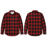Front and back views of a red and black buffalo plaid long-sleeve button-up flannel shirt on a white background.
