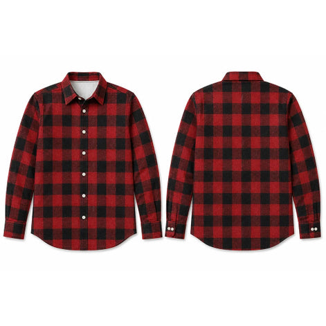Front and back views of a red and black buffalo plaid long-sleeve button-up flannel shirt on a white background.
