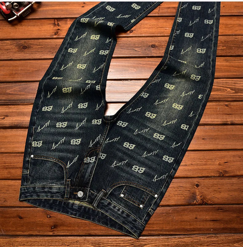 Autumn and winter light luxury printed jeans MEN'S slim fit skinny elastic trend fashionable retro blue denim trove