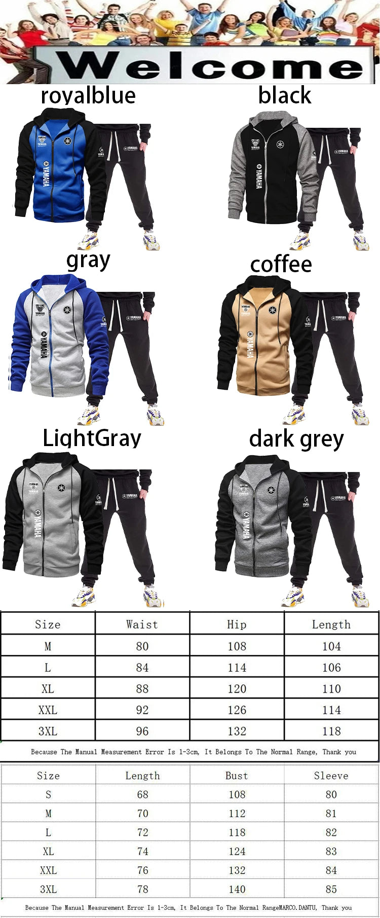 Yamaha  Autumn Winter New Zipper Fleece Hooded Coat Casual Men Plus Size Loose Pullover Fashion Raglan Sleeves Sweatshirt Top su