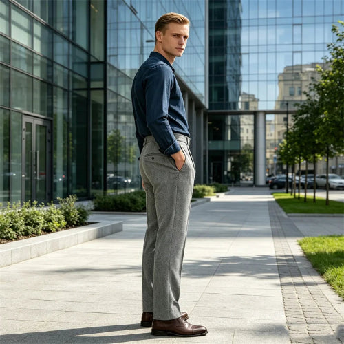 Gray herringbone pleated suit trousers worn by a man standing in front of a glass building