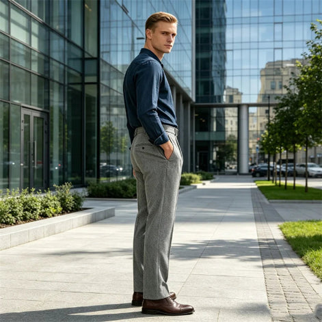Gray herringbone pleated suit trousers worn by a man standing in front of a glass building