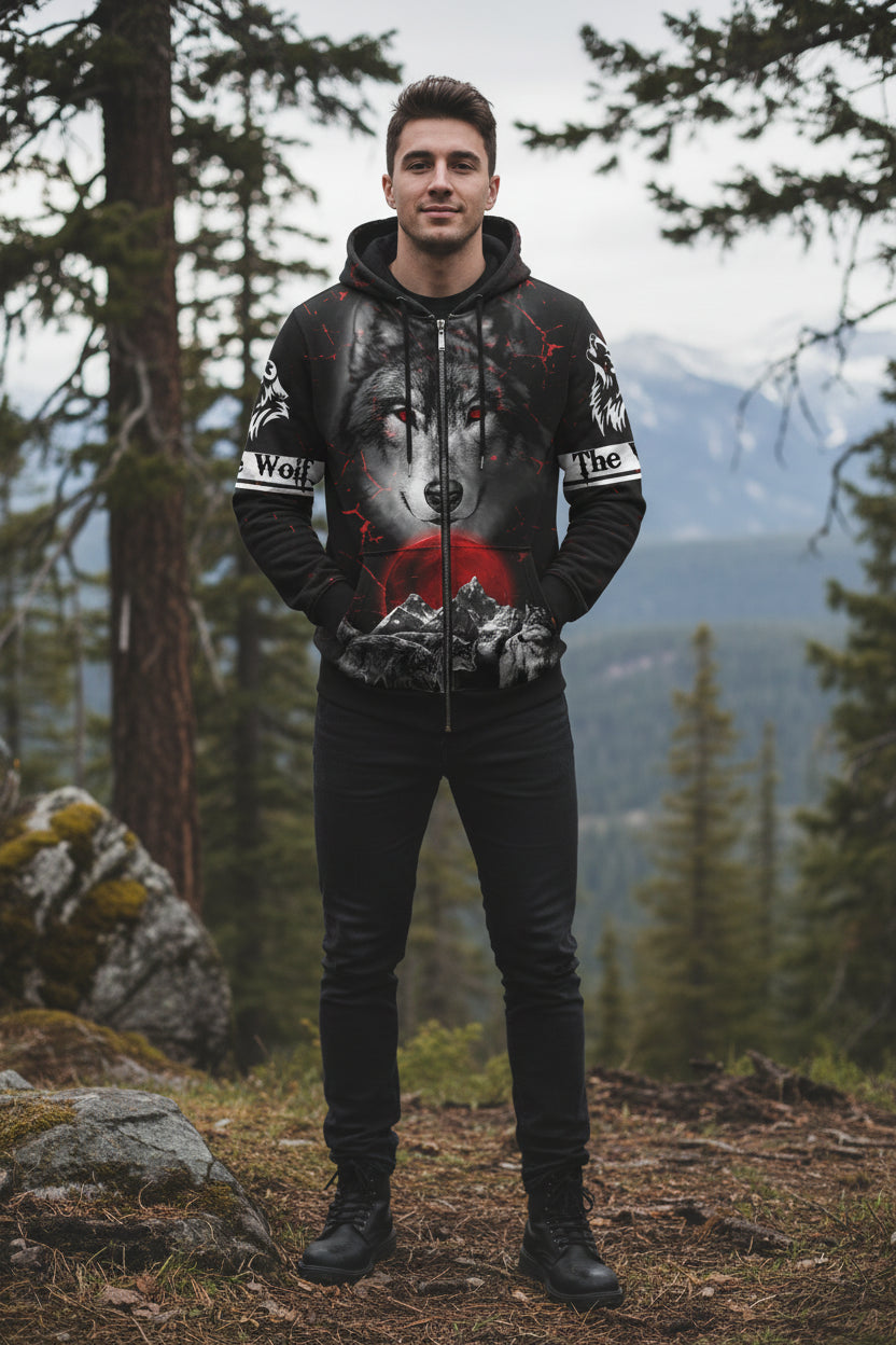 Hoodie with wolf design and red moon on a white background