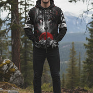 Hoodie with wolf design and red moon on a white background