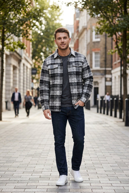 A long-sleeve plaid button-up shirt laid flat on a textured gray surface, with a black fleece lining visible at the open bottom front.
