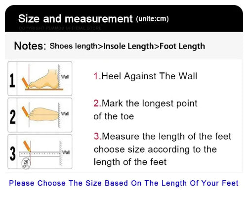 Instructions for measuring foot length using a wall and ruler, with text on a white background.