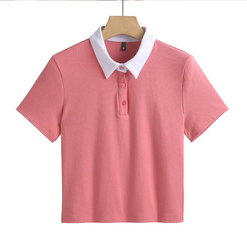 Summer New Cotton Polo Shirt Solid Color Polo Neck Short Sleeve High Waist Short Style Slim Fit Fashion Casual Women's Shirt