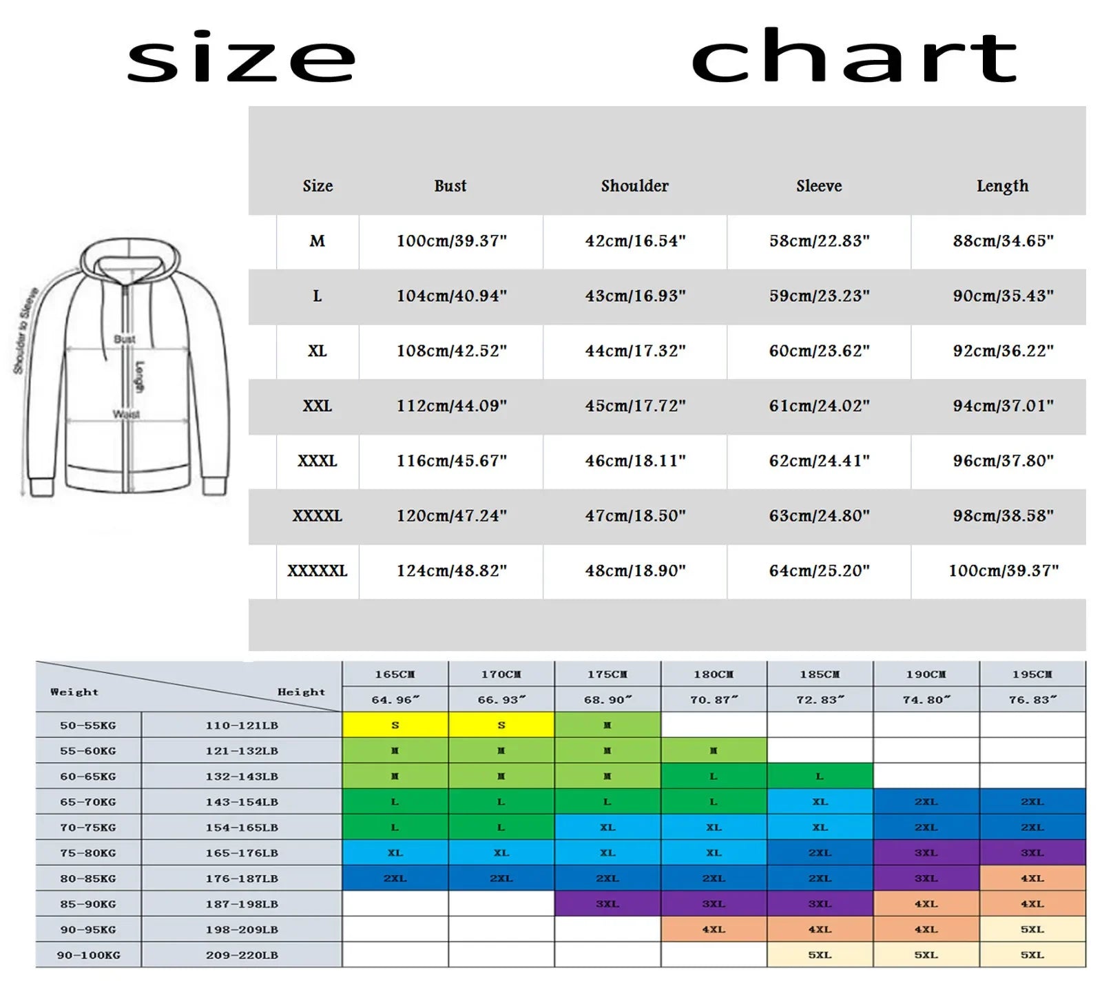 Size chart for a jacket with measurements in centimeters and inches.