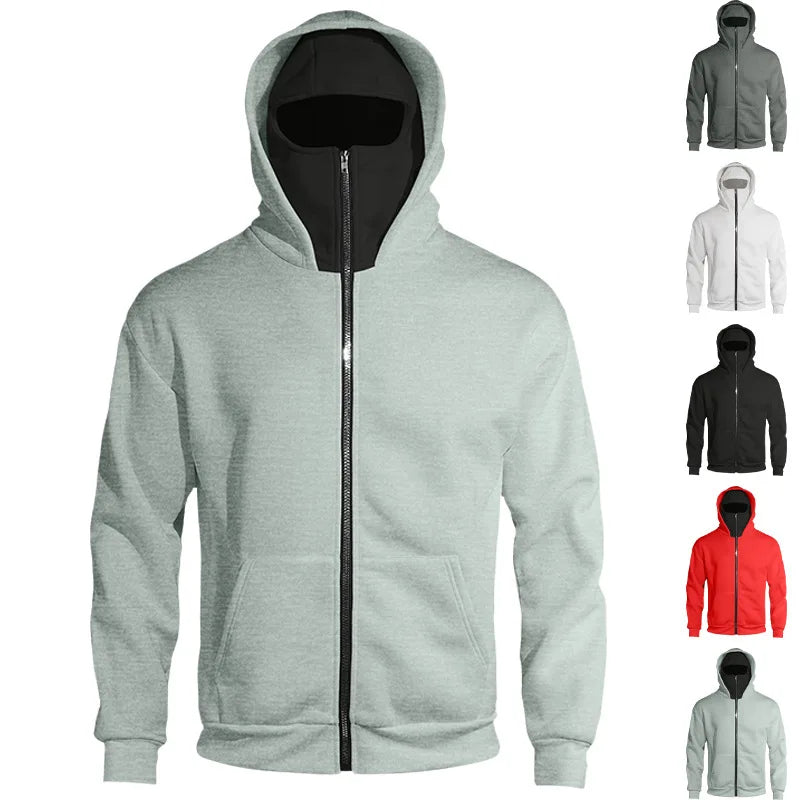 Men's Full Zip Hoodie with Built-in Face Mask Balaclava Techwear Sweatshirt with Crossbody Strap Tactical Streetwear Top