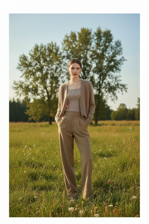 A person wearing a fuzzy taupe-beige cardigan over a ribbed top and beige pants, 