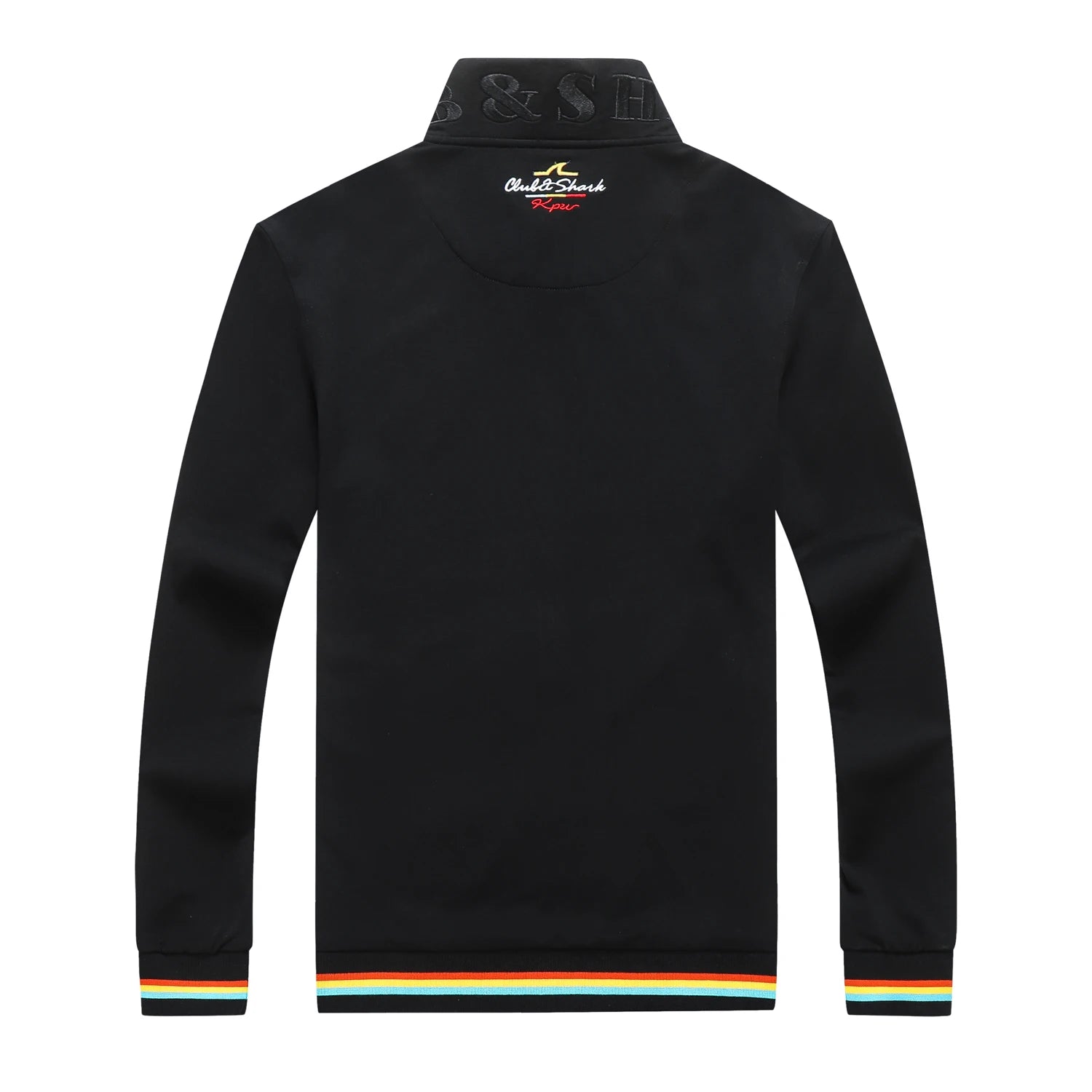 Black long-sleeve quarter-zip sweatshirt shown from the back, featuring a small multicolor 'Golf de Deck' logo on the upper back and a striped trim in green, yellow, orange, and black at the hem and cuffs.