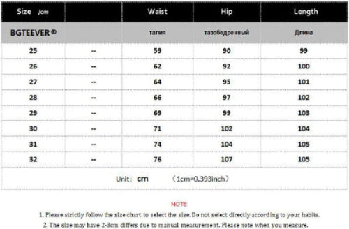 A size measurement chart for BGTEEVER in centimeters, showing waist, hip, and length measurements for sizes 25 to 32, 