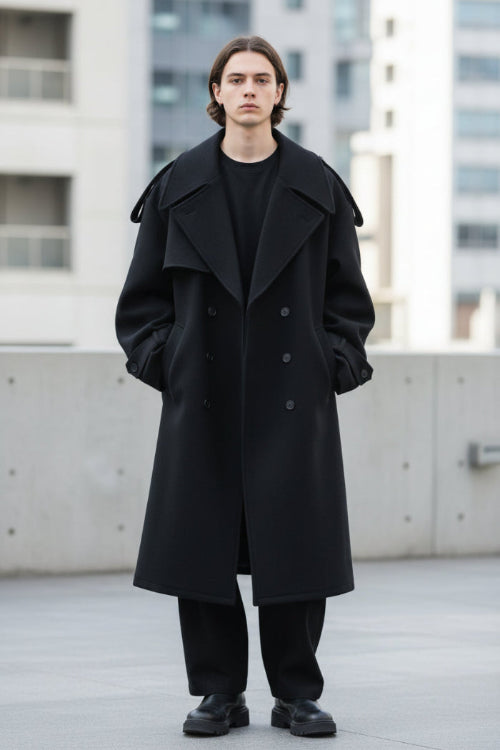 A model wearing a black double-breasted trench coat with structured shoulders and large lapels, 