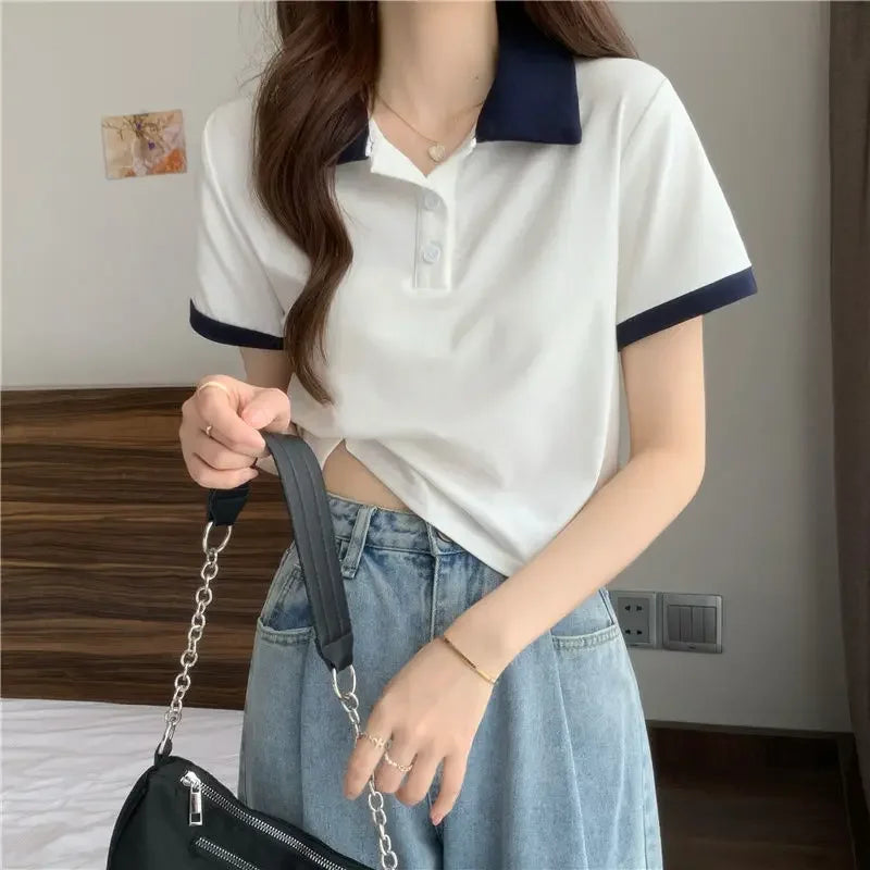 Plain Female Tee Slim Women's Polo Shirts T-shirts Short Sleeve T-shirt in Trend 2025 Youthful Clothes Korean Clothing Elegant