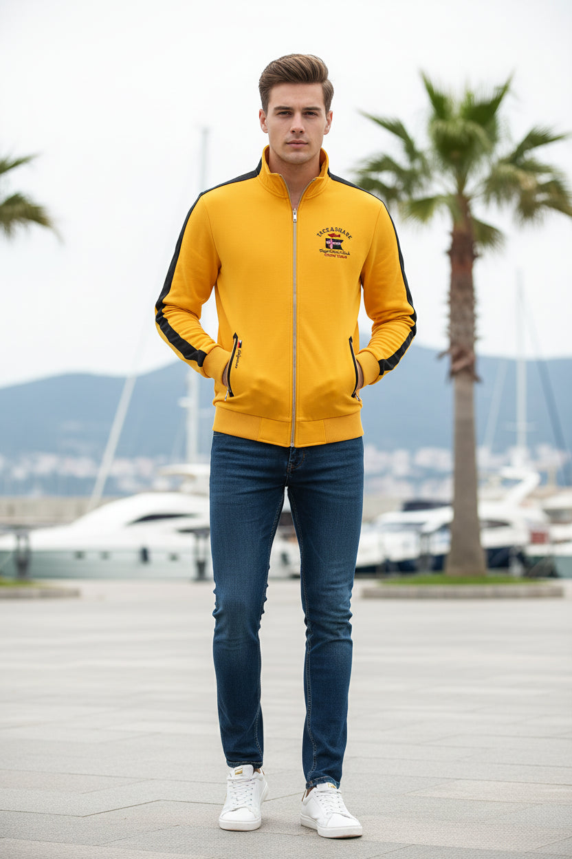 Yellow jacket with black accents on a white background