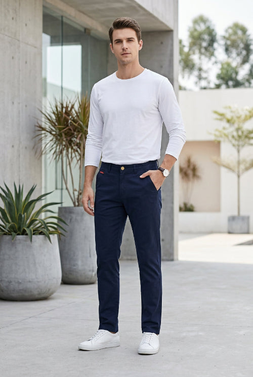 Front and back views of dark navy blue slim-fit chino pants on a white background, showing the front waistband with belt loops and button, front pockets, and the back pockets.
