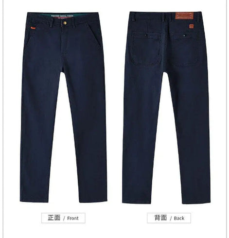 Front and back views of dark navy blue slim-fit chino pants on a white background, showing the front pocket area and back pocket details.