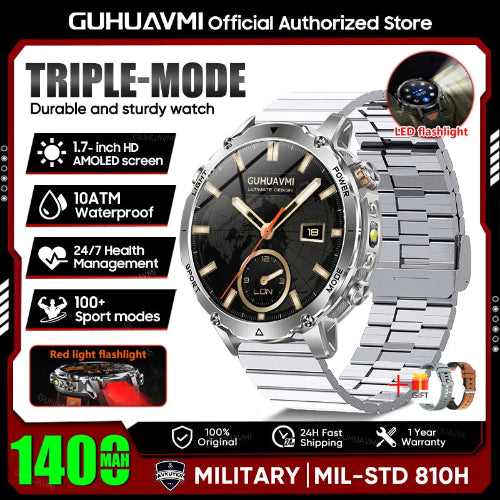 GUHUAVMI smartwatch with features highlighted on a promotional graphic