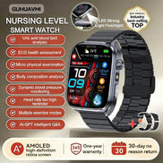 Smartwatch with features listed on a beige background