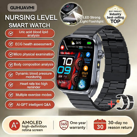 Smartwatch with features listed on a beige background