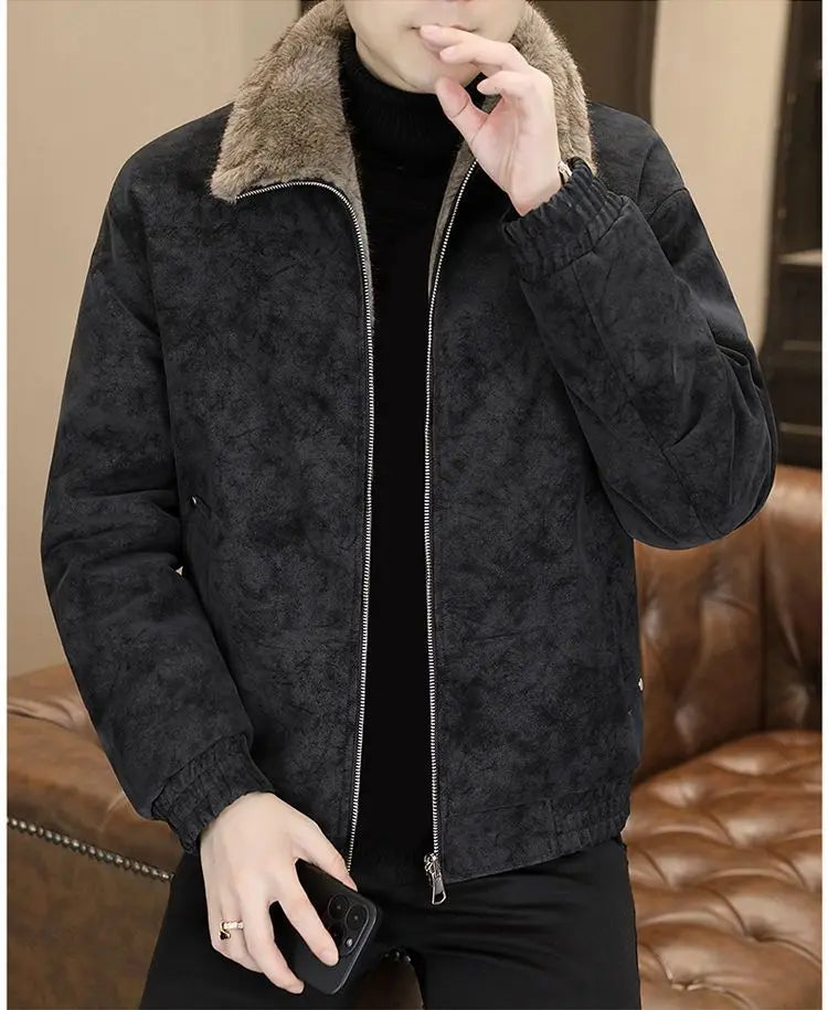 Winter Fleece and Thickened Leather Jacket for Men with A Fur Collar Warm and Casual American High-end Faux Fur One-piece Jacket