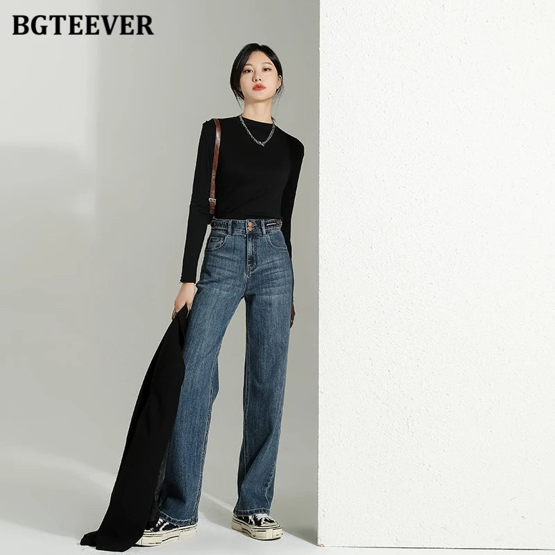 BGTEEVER Vintage Double Buttons Straight Jeans Pants Women Spring Autumn High Waist Loose Pockets Female Wide Leg Denim Trousers