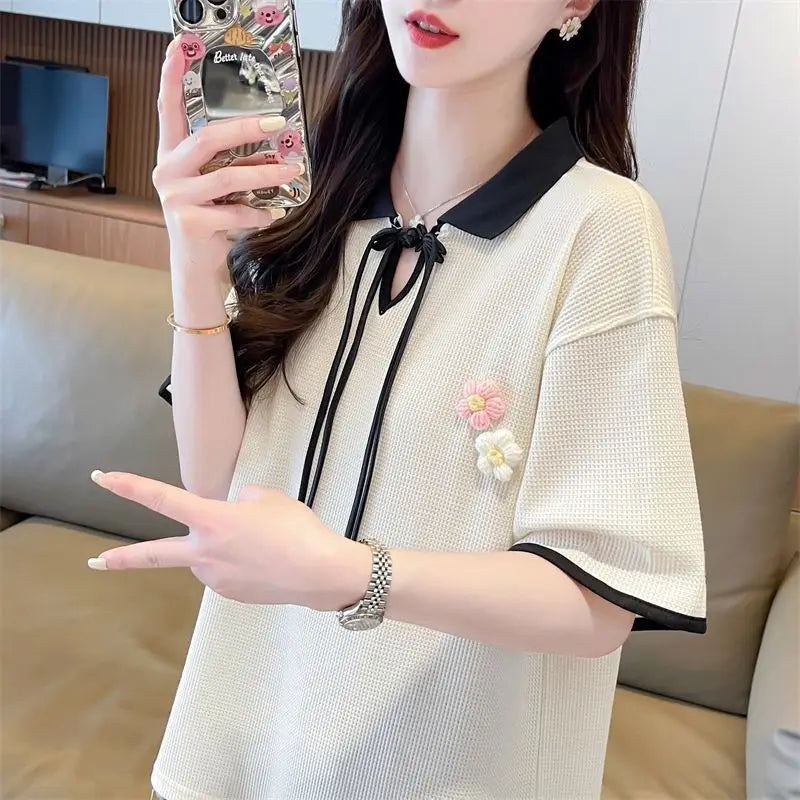 Contrast Color Baggy Woman Short Sleeve Tshirt Y2k Fashion Flower Summer Outfit Youthful Elegant New Polo Neck T Shirt for Women