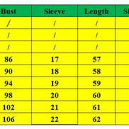 A size chart table with columns for SIZE (CM), Bust, Sleeve, Length, and Shoulder width. The table lists sizes S through 6XL with corresponding measurements on a yellow and green grid.