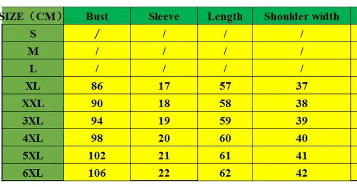 A size chart table with columns for SIZE (CM), Bust, Sleeve, Length, and Shoulder width. The table lists sizes S through 6XL with corresponding measurements on a yellow and green grid.