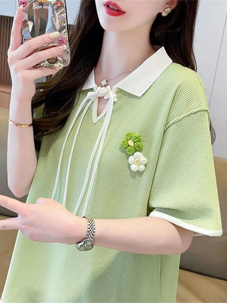 Contrast Color Baggy Woman Short Sleeve Tshirt Y2k Fashion Flower Summer Outfit Youthful Elegant New Polo Neck T Shirt for Women