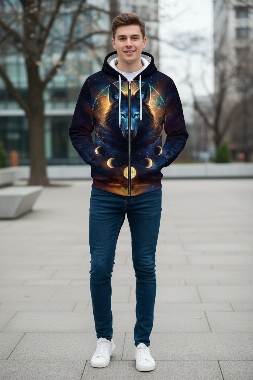 Hoodie with a wolf design and celestial elements on a white background